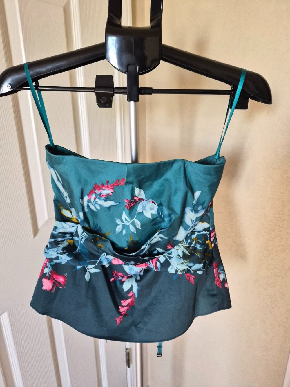 White House Black Market Strapless Floral Peplum Bustier Top Fits 4/6 Teal Conve